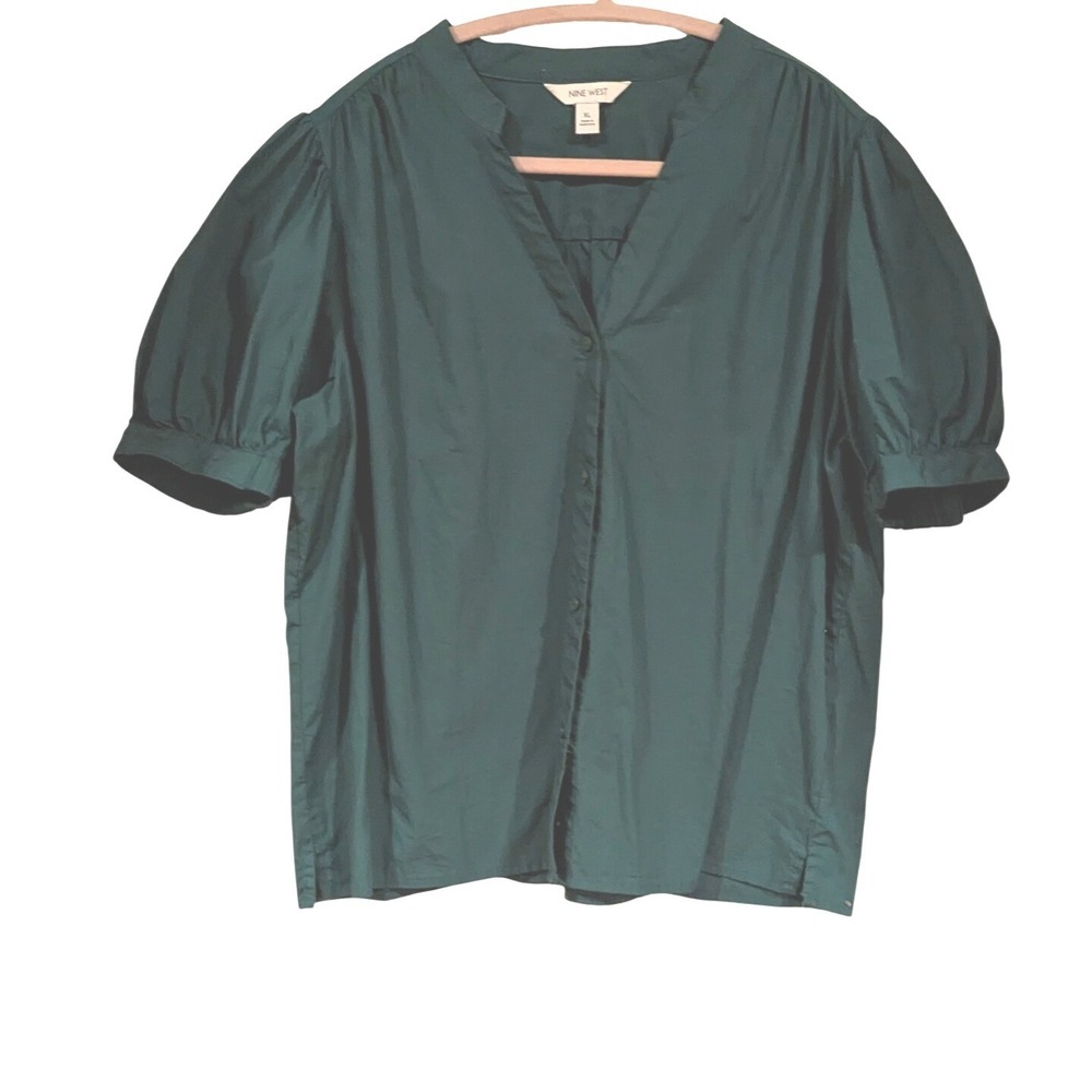 Nine West Teal Green Button Front Puff Sleeve‎ V Neck Blouse Women XL